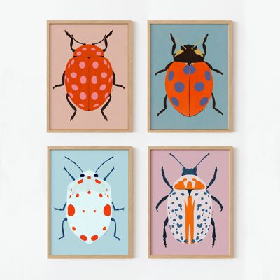 Pack of 4. Colorful beetles art prints