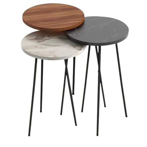 Coffee Table Set TERRA Walnut - Black - Beige Marble Effect 3 pieces