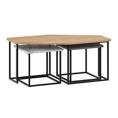 Coffee Table Set SQUARES Oak/Grey Retro/White Marble Effect
