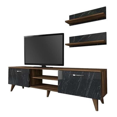 Mueble TV ANGELO Nogal - Efecto Mármol Negro 150x30x40.6cm