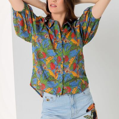 LOIS JEANS -Camicia manica 3/4 stampa All-Over Tropical