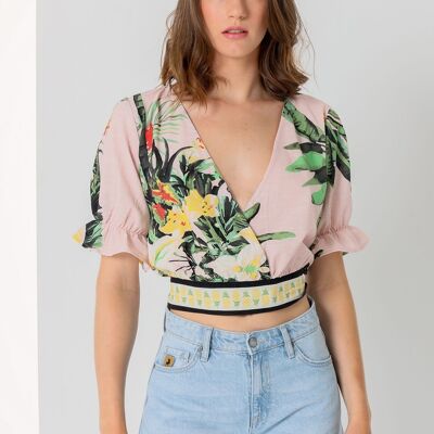 LOIS JEANS - Top incrociato con stampa tropicale all-over