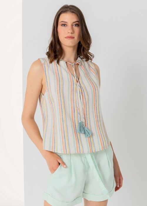 LOIS JEANS -Blouse sleeveless colorfull stripes with tassels