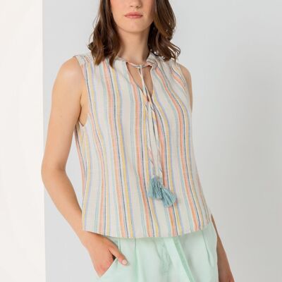 LOIS JEANS -Blouse sleeveless colorfull stripes with tassels