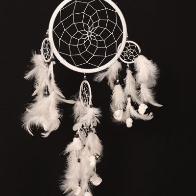 Attrape-rêves - Blanc - 17cm- avec plumes et coquillages blancs