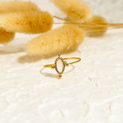 Thin golden ring with oval mother-of-pearl plaque