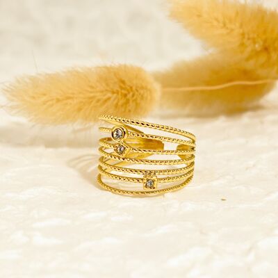Golden lines ring with rhinestones