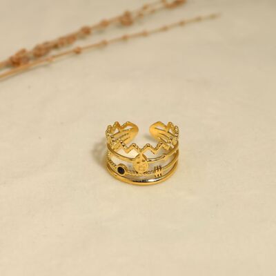 Anillo oro líneas zigzag pedrería negra