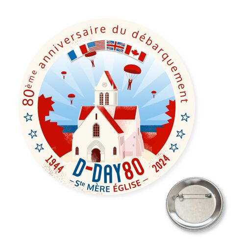 Badge "Ste Mère-Eglise" - D-Day 80 - commémoration du débarquement Normandie - illustration (5,6 cm)