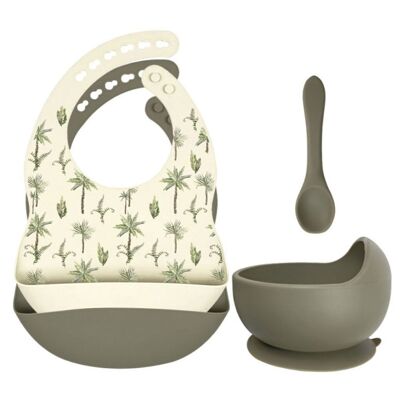 Set of silicone bibs + bowl with suction cup and spoon - Jungle Plants Sage