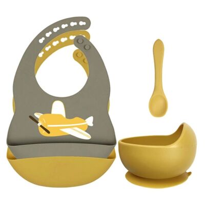 Set of silicone bibs + bowl with suction cup and spoon - Airplane Army & Ocher Yellow