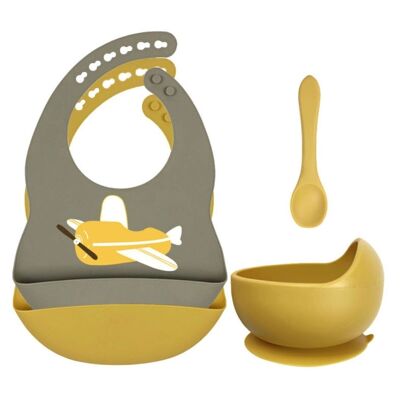 Set of silicone bibs + bowl with suction cup and spoon - Airplane Army & Ocher Yellow