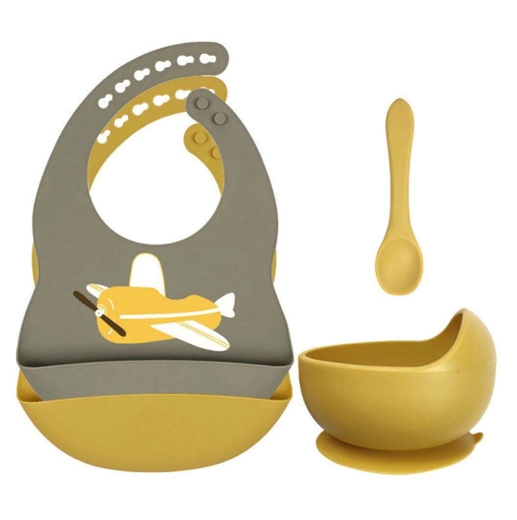Set bavaglini in silicone + ciotola con ventosa e cucchiaino - Aeroplano Esercito e Giallo Ocra