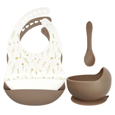 Set of silicone bibs + bowl with suction cup and spoon - Wild Flowers White & Sand