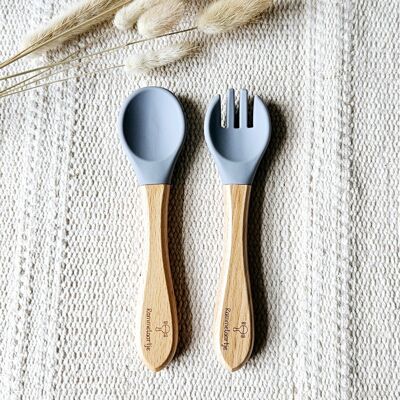 Cucchiaio e forchetta in silicone con manico in bambù - Grigio Blu