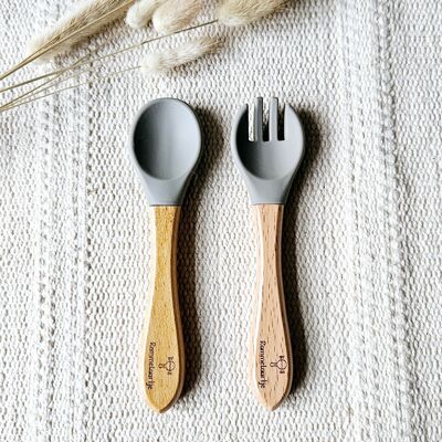 Silicone Spoon and Fork with Bamboo handle - Sage