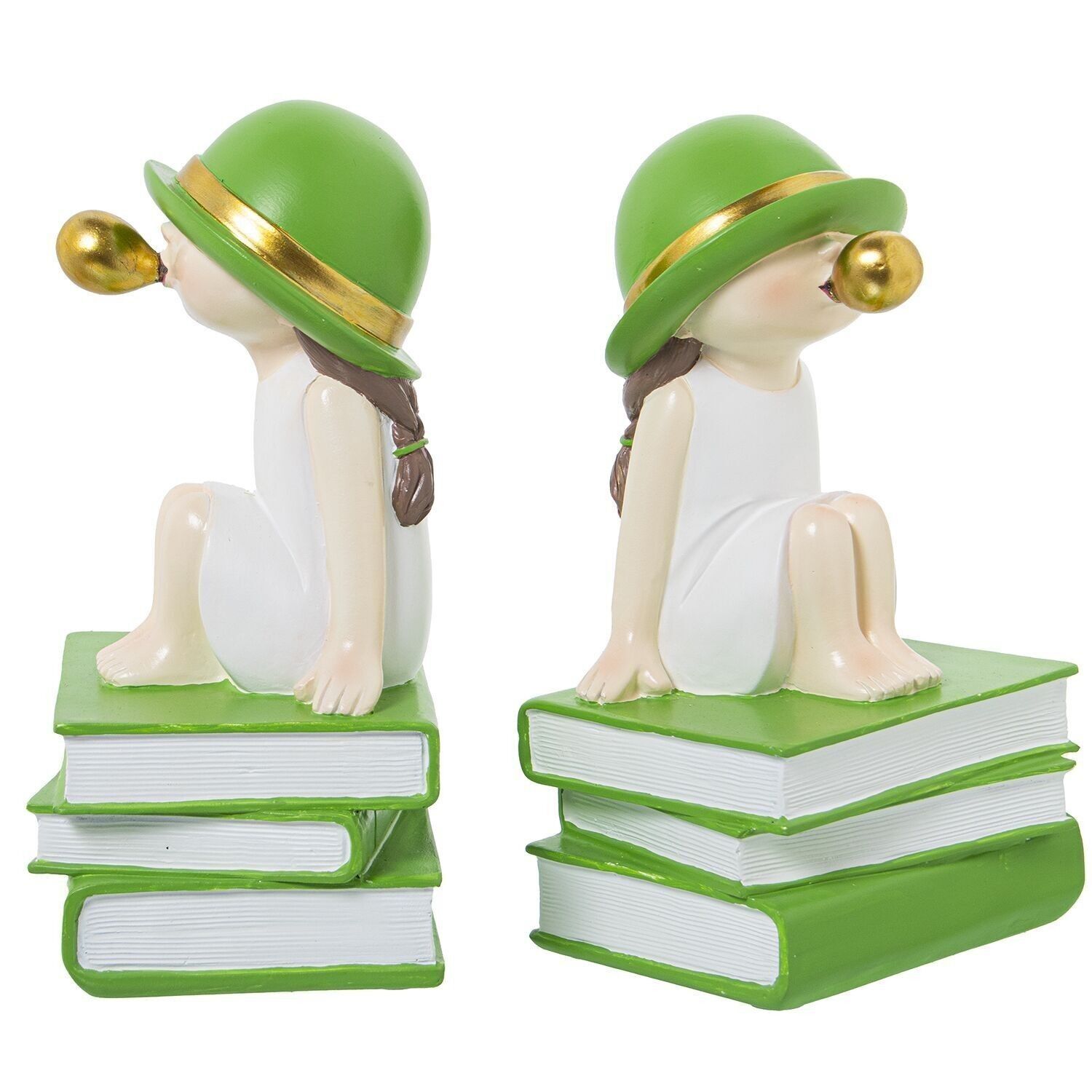 LOT DE 2 SERRE-LIVRES FILLE EN RESINE GOMME BLANC/VERT _11X9X19CM LL61840