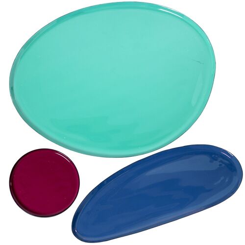 SET 3 BANDEJAS ESMALTADAS VERDE/AZUL/ROSA OSCURO _33X27X1+26X10X1+°10X1CM LL75885