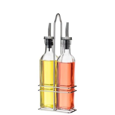 ENSEMBLE DE 2 VINAIGRES CRISTAL 250ML AVEC SUPPORT EN ACIER INOXYDABLE. _12X6,5X30CM LL82493