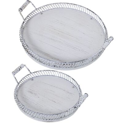 SET 2 WHITE METAL TRAYS DECAPÉ WITH WOODEN HANDLE _39X8.5+32X8CM LL36441