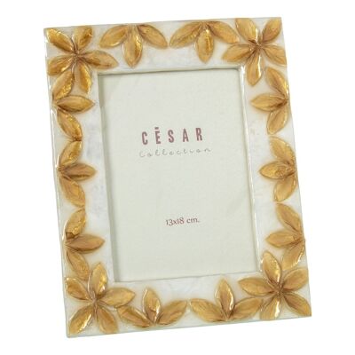 MOTHER OF PEARL PHOTO HOLDER 13X18CM FLOWERS RELIEF TOAST/NATURAL _EXT.19.5X24.5X1CM LL39385