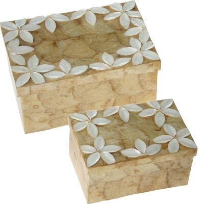 SET 2 RECT BOXES MOTHER OF PEARL FLOWERSRELIEF NATURAL/TAN _21X14X10+16X11X8CM LL37857