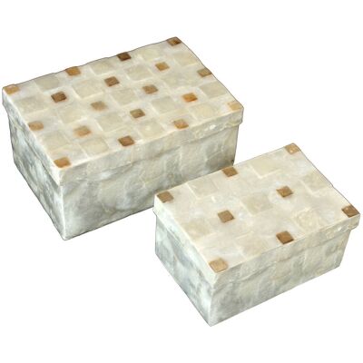 SET 2 RECT BOXES NATURAL NEAR OF PEARL W/TOASTED SQUARES _21.5X14X10+15X10X7.5CM LL37364