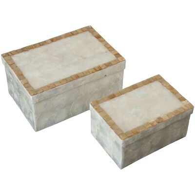 SET 2 RECT BOXES NATURAL MOTHER OF PEARL TAN FRAME _21X14X10+16X11X8CM LL37344