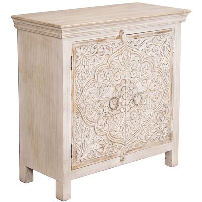 MANGO WOODEN ENTRANCE FURNITURE WITH 2 CARVED DOORS WHITE DECA _90X40X90CM HIGH. LEGS:10CM LL68361