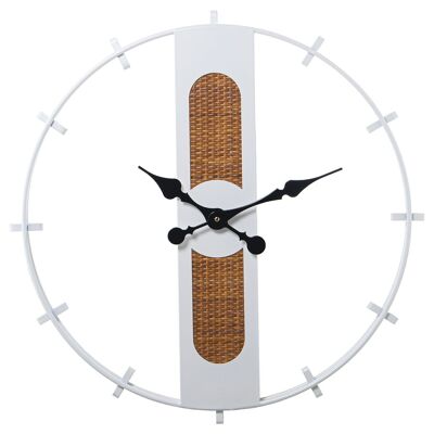 WHITE METAL WALL CLOCK WITH WICKER/WOOD BASE _°64X4.5CM, BATTERY: 1XAA NOT INCLUDED LL71963