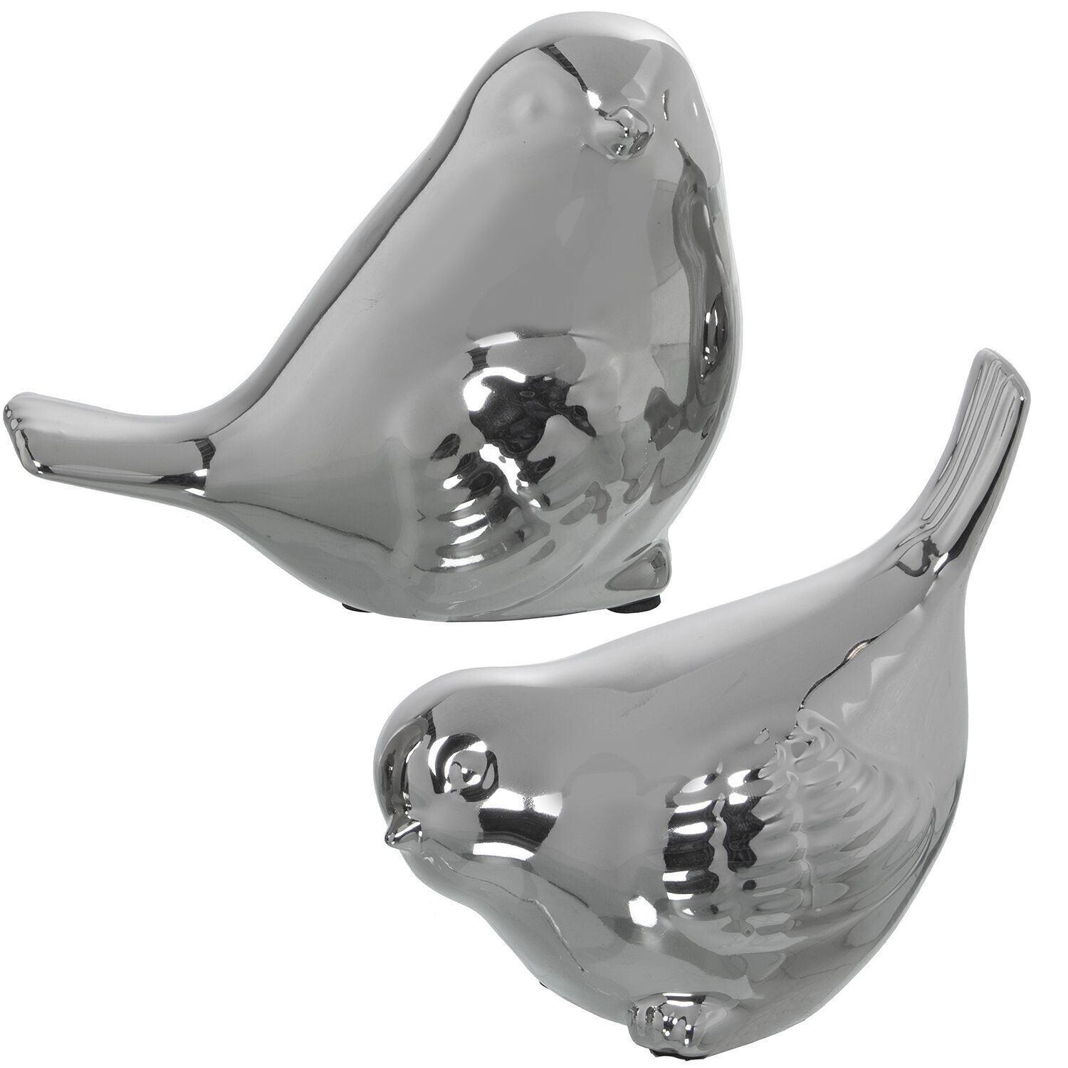 SET 2 VOGELFIGUREN AUS SILBERNER KERAMIK _13X8X11+12X8X12CM LL53790