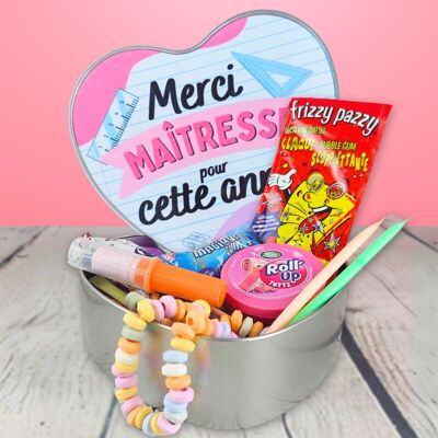 Coffret bonbons rétro coeur - Merci Maîtresse pour cette année