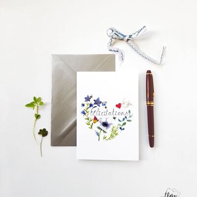 DOUBLE CONGRATULATIONS GREETING CARD FLORAL HEART AND WATERCOLOR NATURE