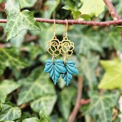 Art Nouveau Rose Leaf Brass Polymer Clay Hook Earrings