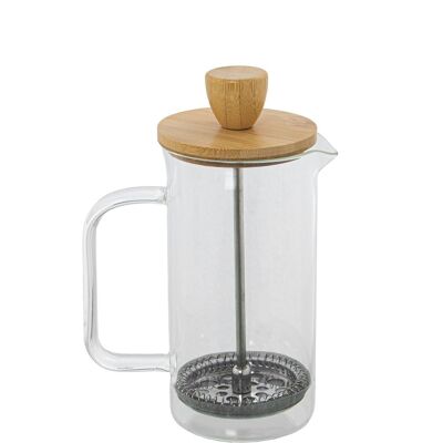 CAFETIÈRE À PLONGEUR VERRE 350ML, COUVERCLE BAMBOU, PRESSE INOX _7X11X17CM, VERRE BOROSILIQUE LL80154