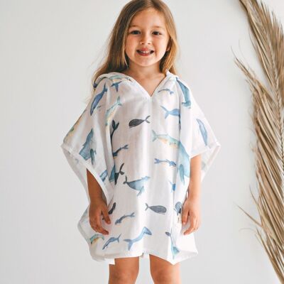 Serviette de bain de plage pour bébé Poncho à capuche en mousseline - Baleine