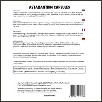 Cupplement - Astaxanthine 60 Capsules - Biologique - 160 mg par capsule - 5% d'extrait - Pas de comprimés, 12 mg, 6 mg ou poudre - Supplément - Superaliment - Astaxanthine - Astaxanthine 7