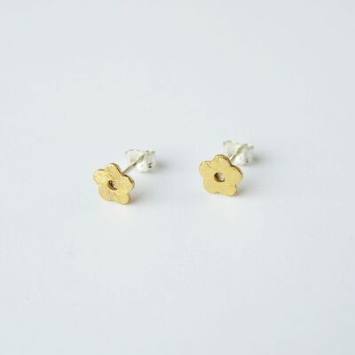 Minima Tiny Studs Earrings- Tiny gold toned flower charm studs with sterling silver posts