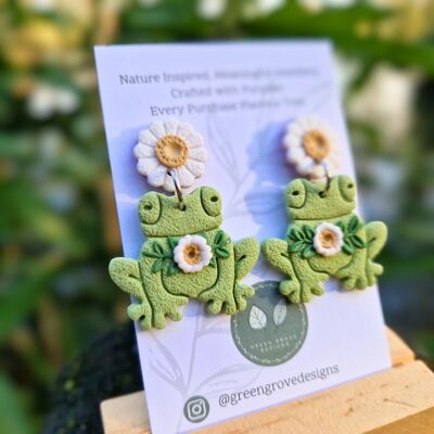 Spring Cottage-Core Frog Polymer Clay Drop Stud Earrings