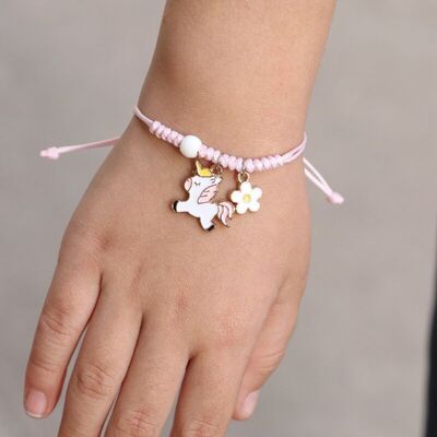 Bracciale dei desideri / braccialetto dell'amicizia regolabile per bambini "Unicorno rosa con fiore".