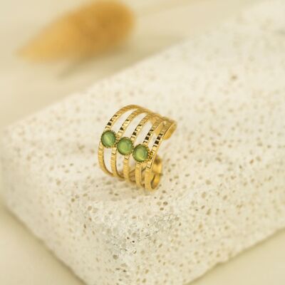 Bague multi ligne dorée triple strass vert