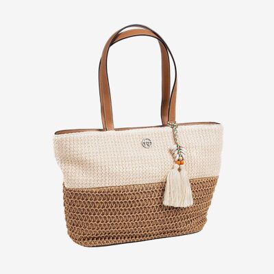 Bolso shopper con cremallera, color natural, Serie madeira. 34x27.5x13 cm