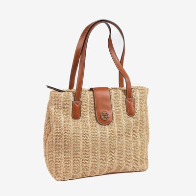 Shopper bag with zipper, camel color, Palau Series.   36.5x31x12.5 cms