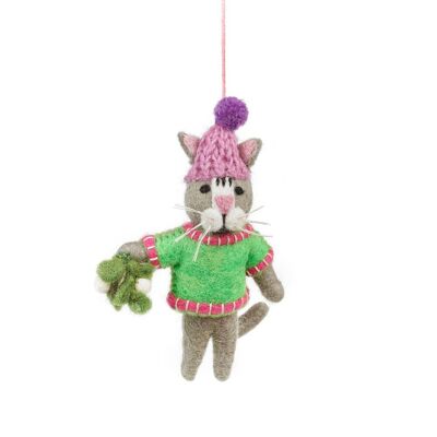 Handmade Felt Mistletoe Meows Christmas Cat Hanging Decoration