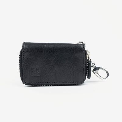 Black leather key ring, Wash Leather Wallet Collection - 5x8 cm