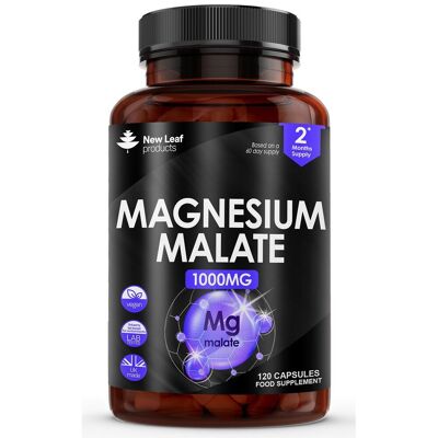 Integratore di malato di magnesio 1000 mg - Malato di magnesio puro 120 capsule ad alta resistenza - Supporto per ossa e sonno - Magnesio elementare ad alto assorbimento