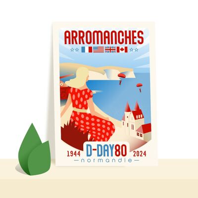 Cartolina "Arromanches" - D-Day 80 - commemorazione dello sbarco in Normandia - illustrazione