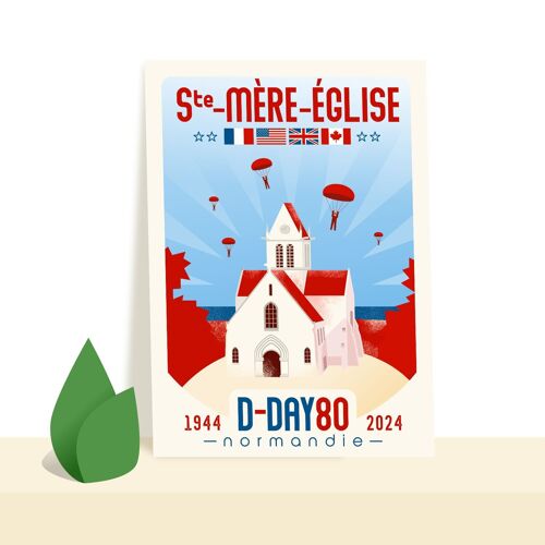 Carte postale "Ste Mère-Eglise" - D-Day 80 - commémoration du débarquement Normandie - illustration