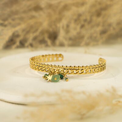 Adjustable bangle bracelet with green pendants