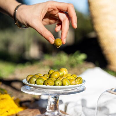ORGANIC GREEN OLIVES WITH GARLIC, FENNEL AND WILD PEPPER - 500 G